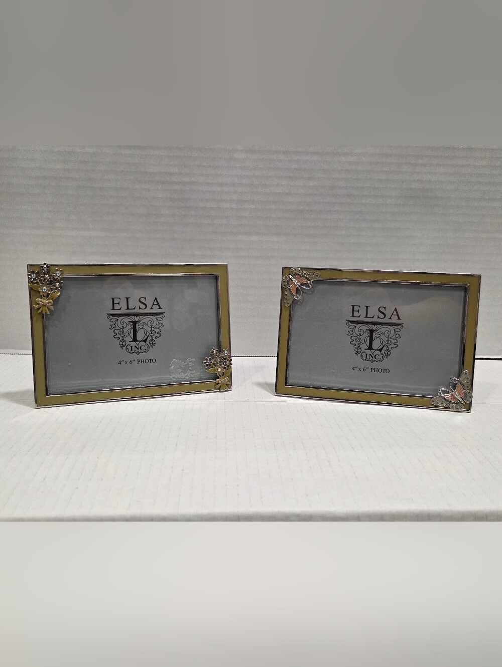 Elsa Vintage Enamel Rhinestone Floral Butterfly Pair Of 4X6 Photo Frames